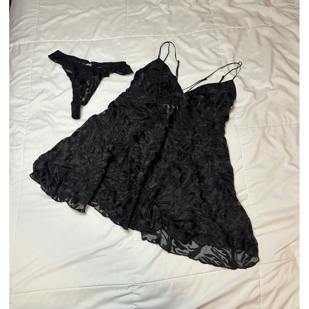 VTG 1998 Victorias Secret Silk Blend Slip Dress Thong Set Black Burnout Floral S